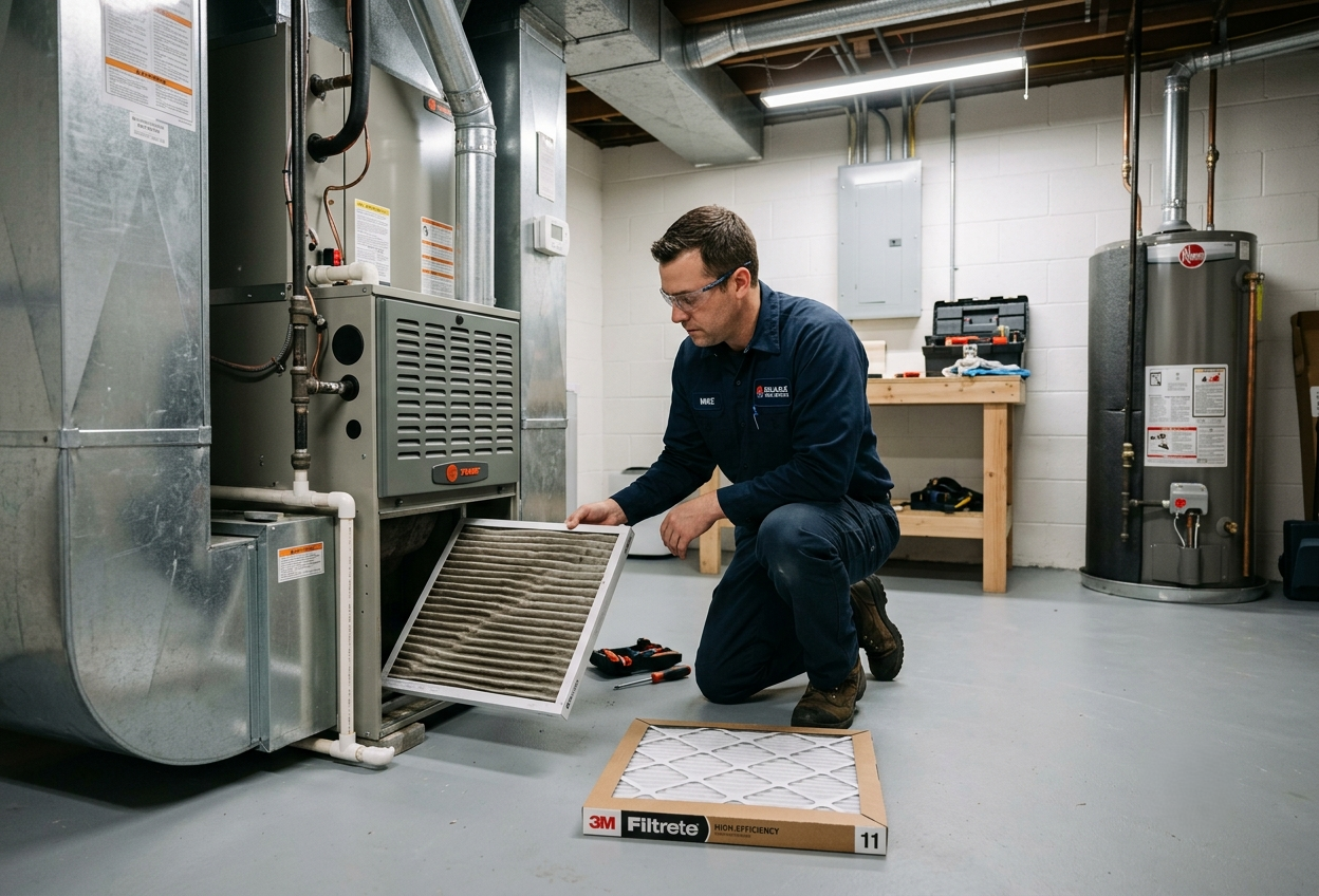 An HVAC technician replacing a dirty air filter with a new 3M Filtrete.