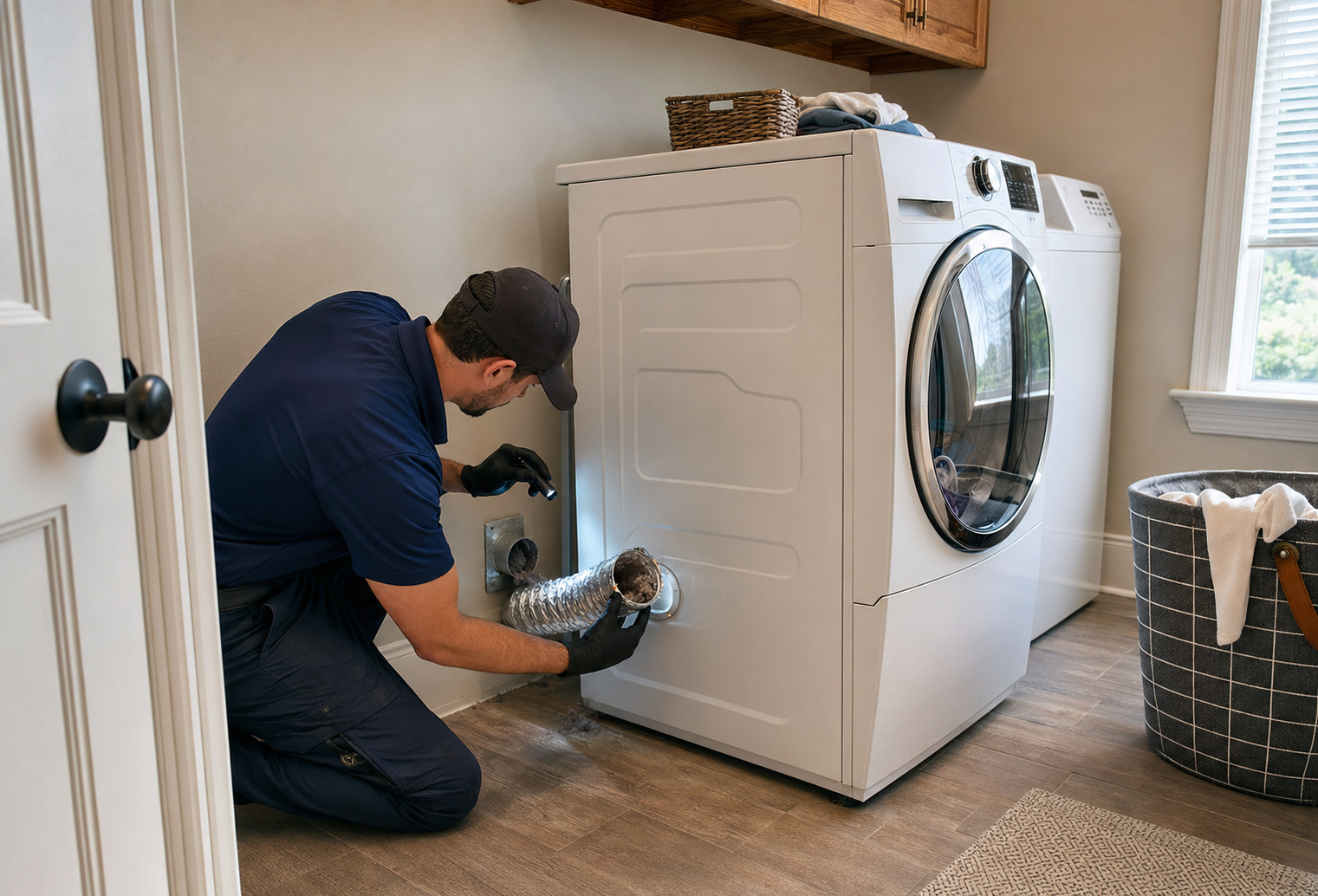 Technician inspecting a hidden dryer vent blockage in a laundry room.