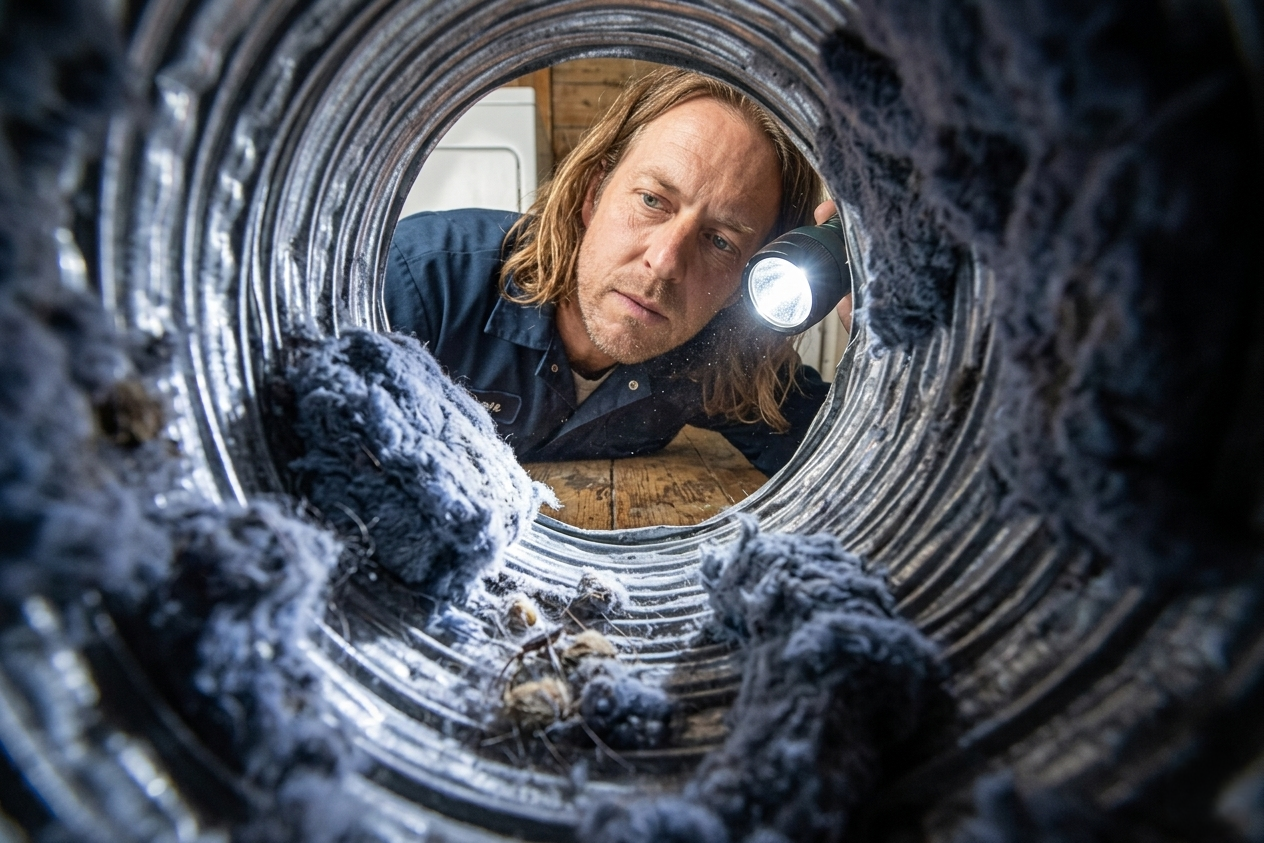 Close-up of heavy lint buildup inside a flexible dryer vent hose.
