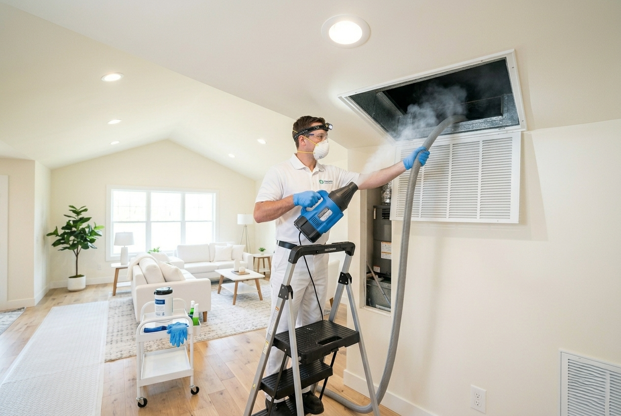 Technician fogging an air duct for professional sanitization.