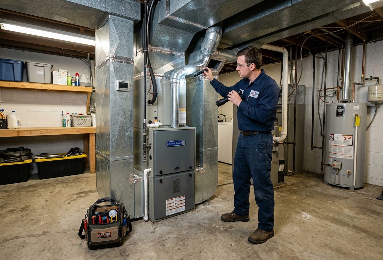 HVAC technician inspecting home ductwork with a flashlight