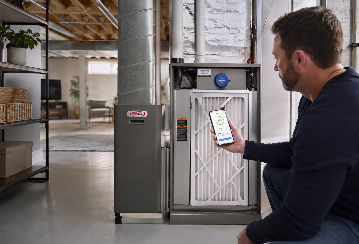 Man monitoring a smart HVAC air filter with a smartphone app.