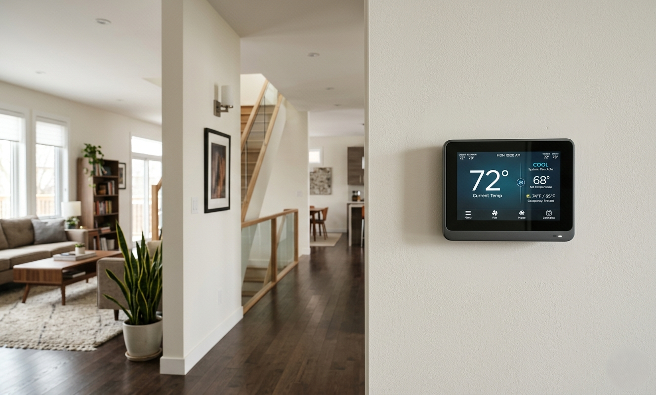 Smart thermostat installed on a wall in a West Michigan home.