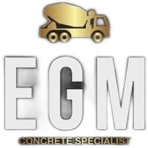 EGM Concrete Specialists logo with a gold cement mixer truck above large gray letters