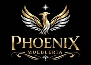 Logotipo tipográfico de Muebles Phoenix con un ave fénix minimalista en tonos dorados sobre fondo claro.
