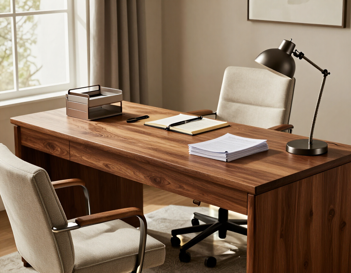 Escritorio americano de madera en una oficina en casa elegante.