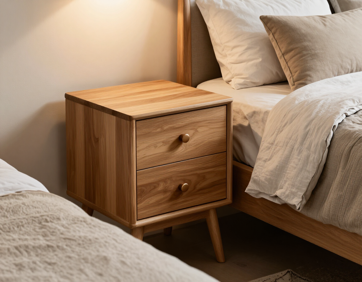 Velador americano de madera en un dormitorio acogedor.