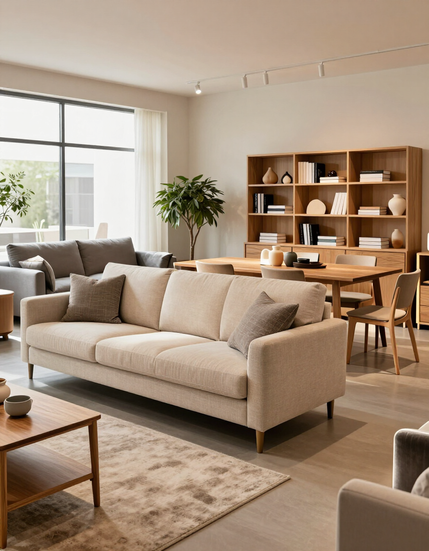 Sala de exhibición con muebles americanos importados, tonos cálidos y estilo sofisticado.