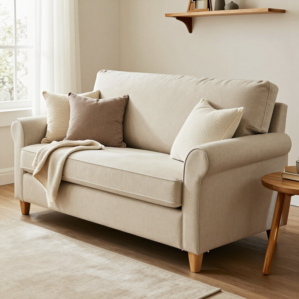 Sillón cama americano importado en una sala luminosa con acabados cálidos y textiles neutros.