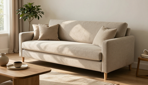 Sala moderna con sillón cama y decoración neutra en luz natural.
