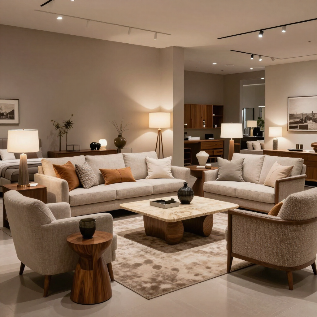 Showroom de muebles importados con sala elegante y luz cálida.