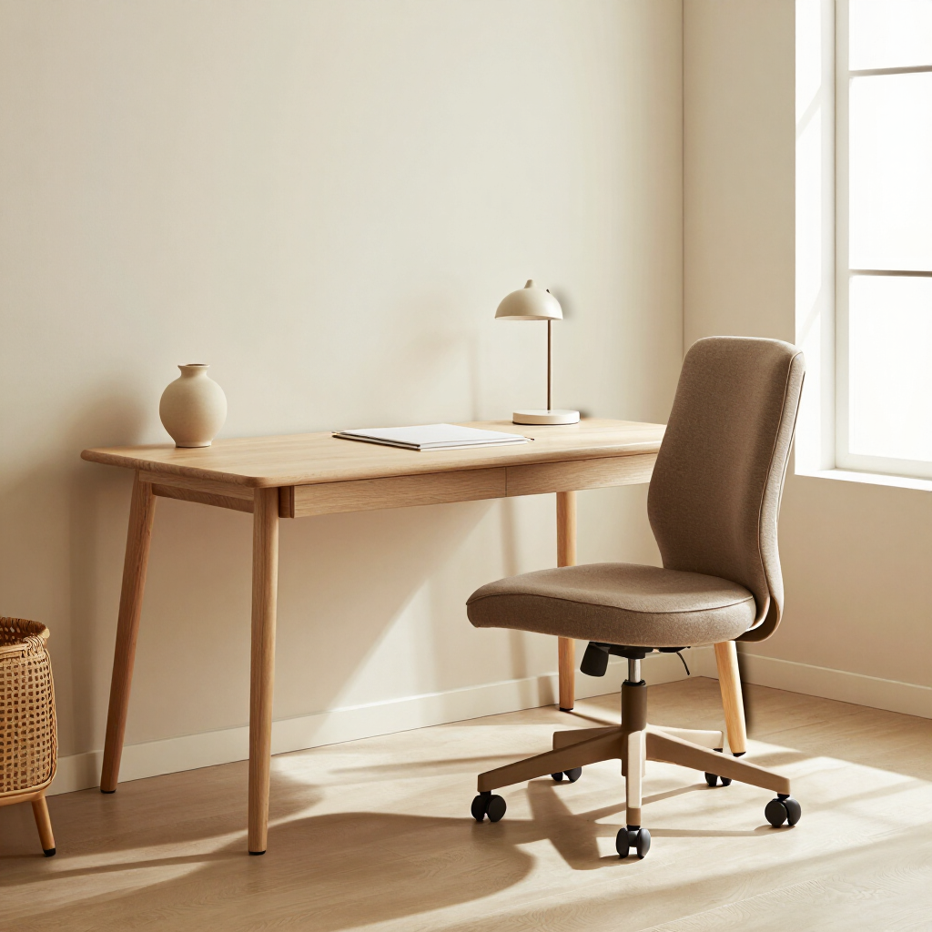 Home office con escritorio importado y decoración ordenada.