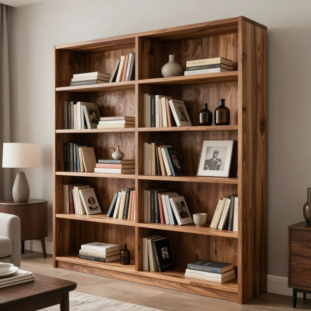Estantería importada con decoración cuidada en un interior moderno.