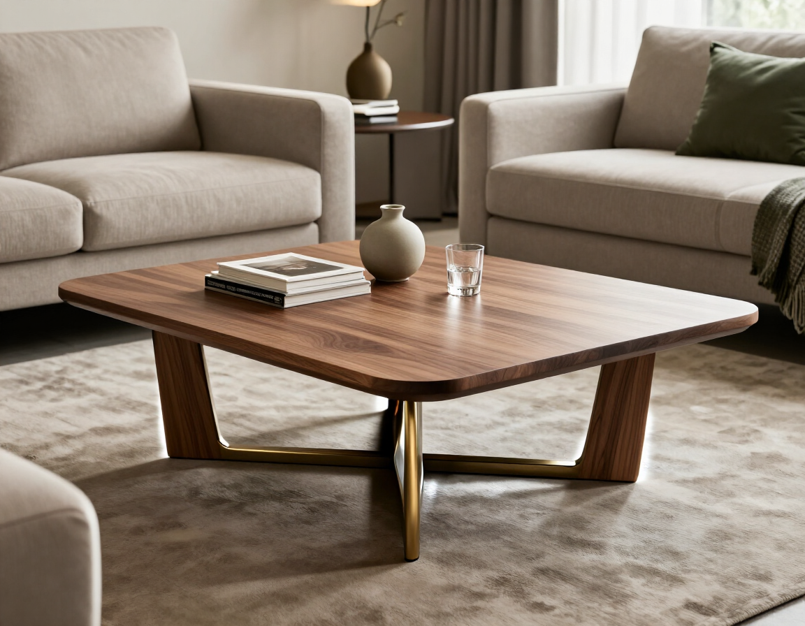Sala de estar moderna con sofás beige y una mesa de centro de madera sobre una alfombra de tonos neutros.