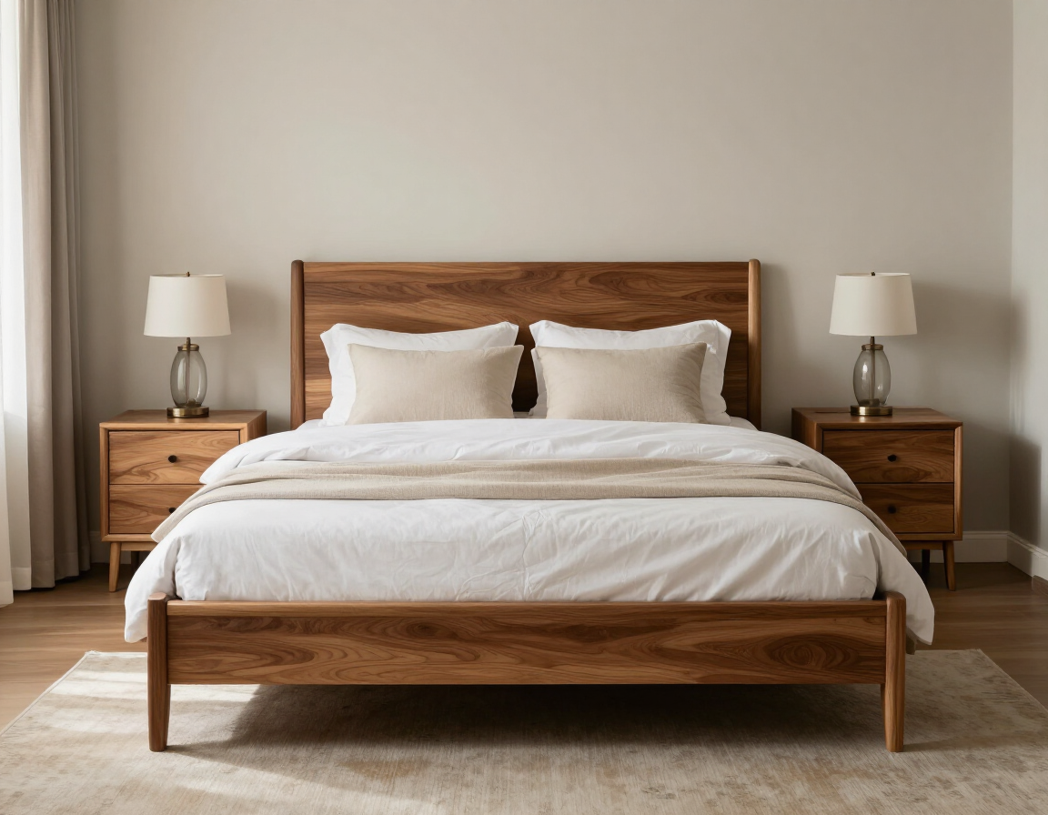 Dormitorio minimalista con una cama de madera, ropa de cama blanca, mesitas de noche y lámparas de mesa