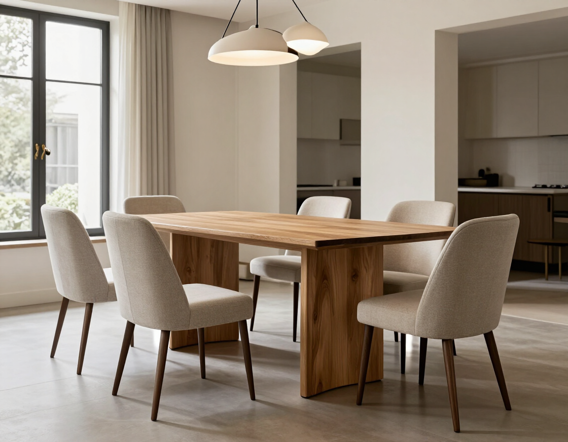 Comedor moderno con una mesa de madera, sillas beige y una suave iluminación colgante junto a un ventanal