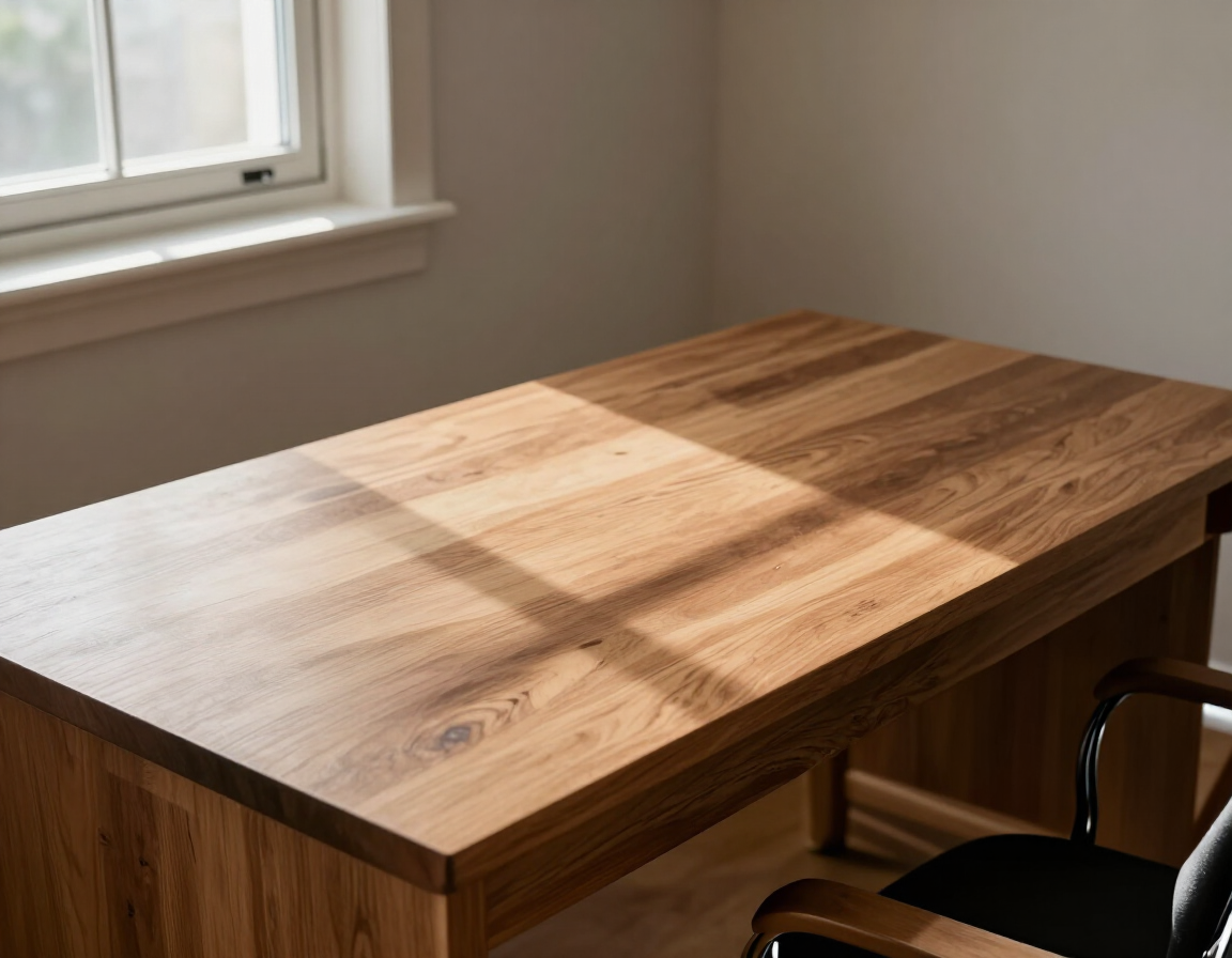 Escritorio de madera junto a una ventana en una habitación luminosa, con una silla negra parcialmente visible