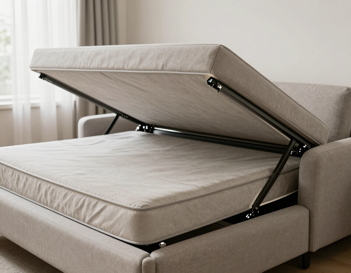 Detalle de un mecanismo de sillón cama y colchón firme en una sala contemporánea