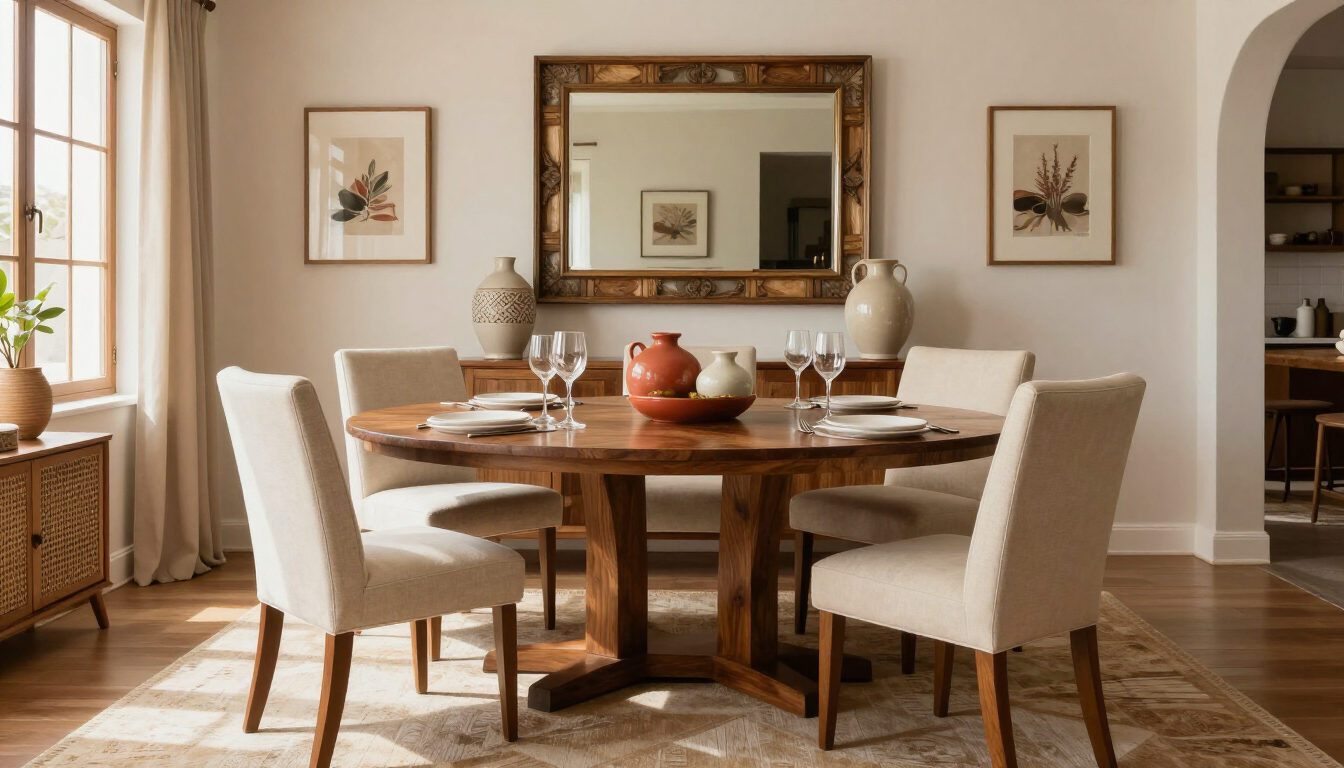 Comedor elegante con mobiliario importado y decoración cálida