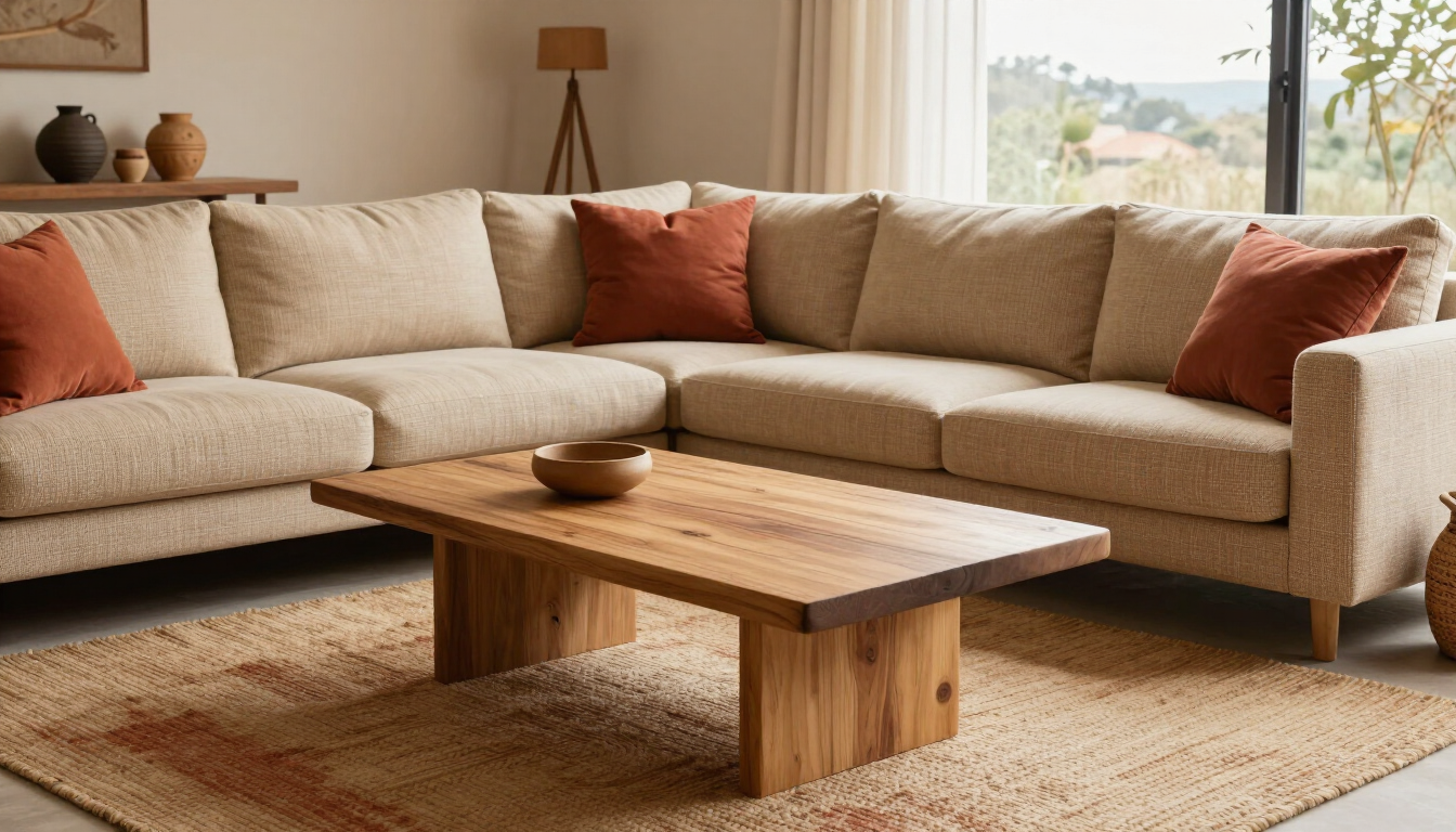 Living contemporáneo con tonos tierra, madera y rug texturizado