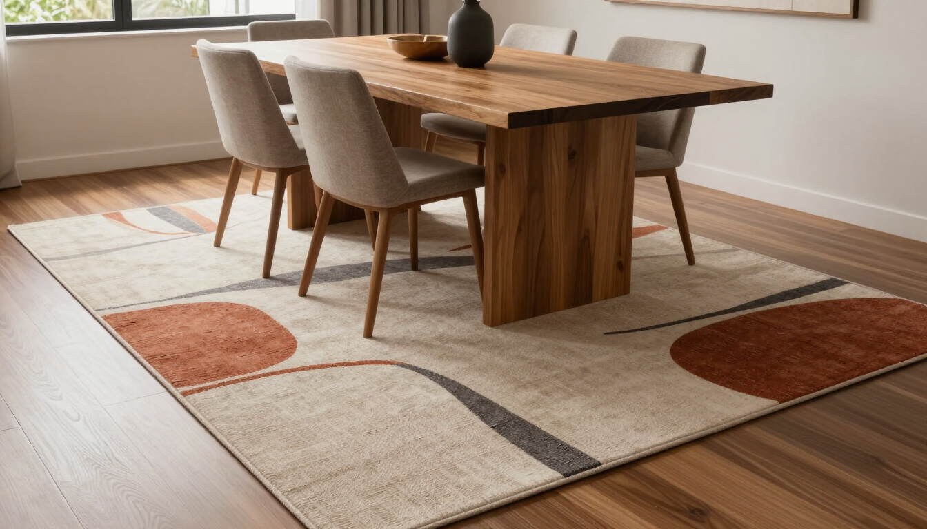 Rug moderno de patrón abstracto en un comedor con madera