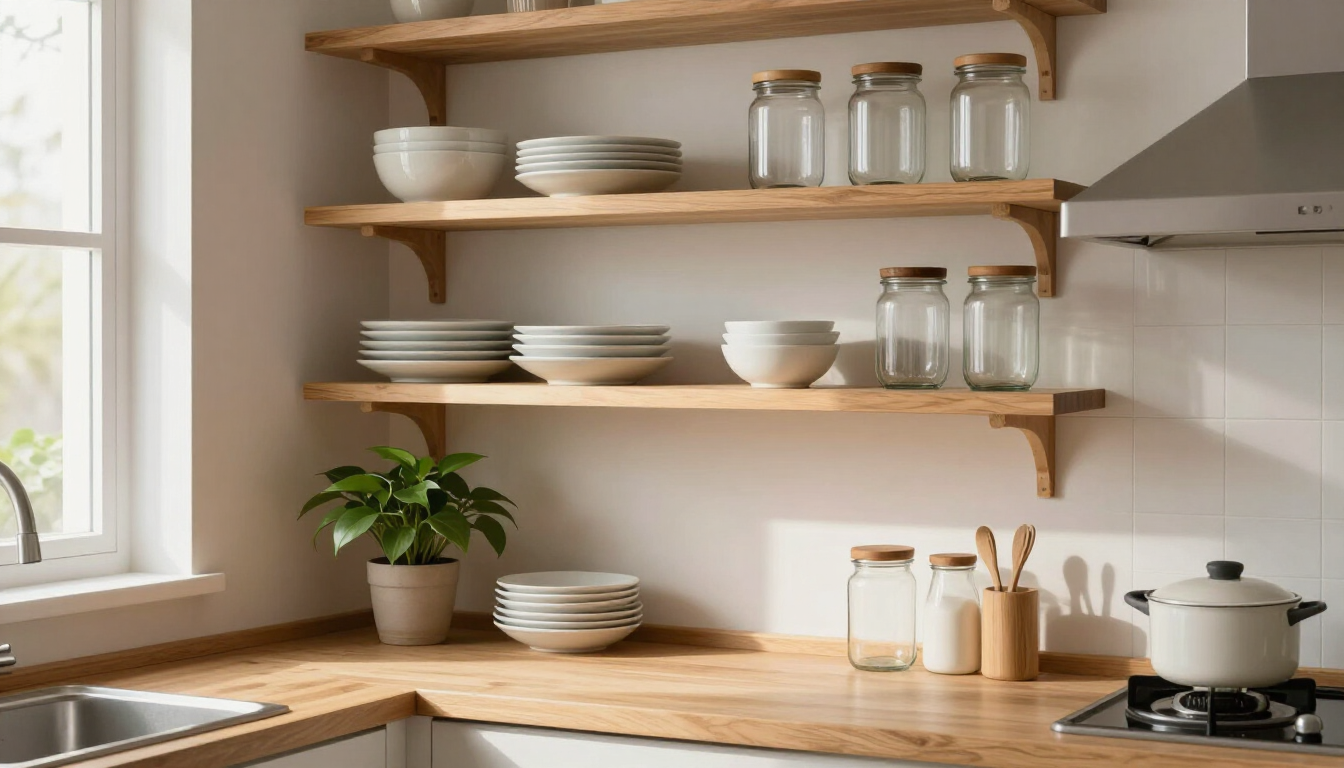 Estantería de cocina con vajilla y decoración