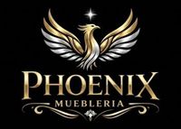 Logo tipográfico de Muebles Phoenix con un ave fénix minimalista en tonos dorados sobre fondo claro.