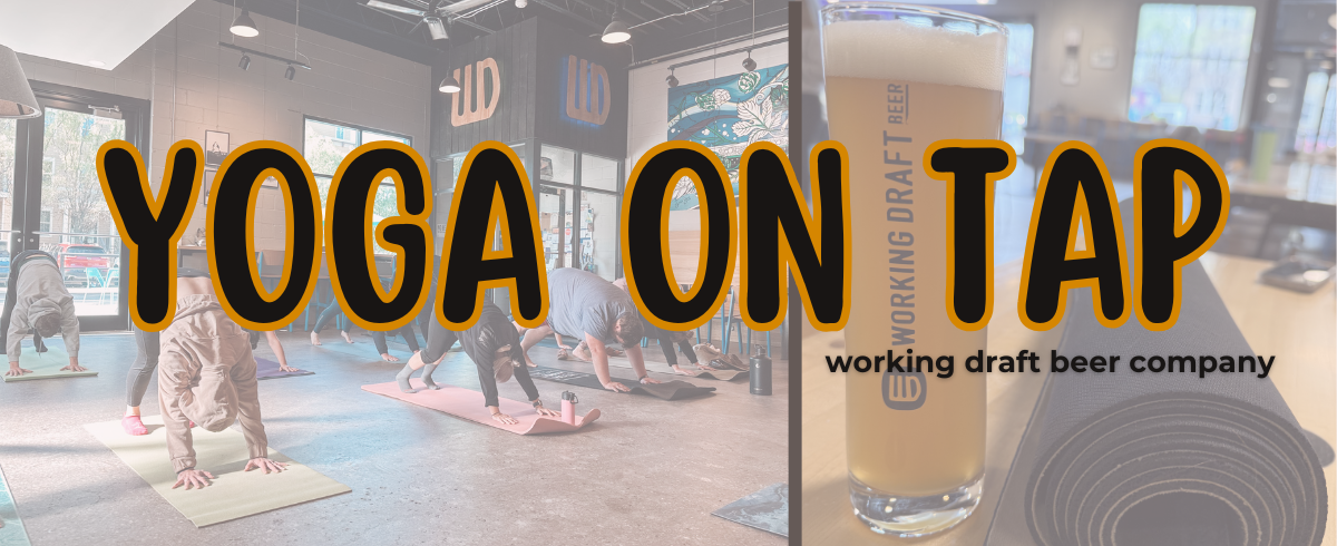 Yoga class in a brewery with large text “YOGA ON TAP” overlaid on the scene