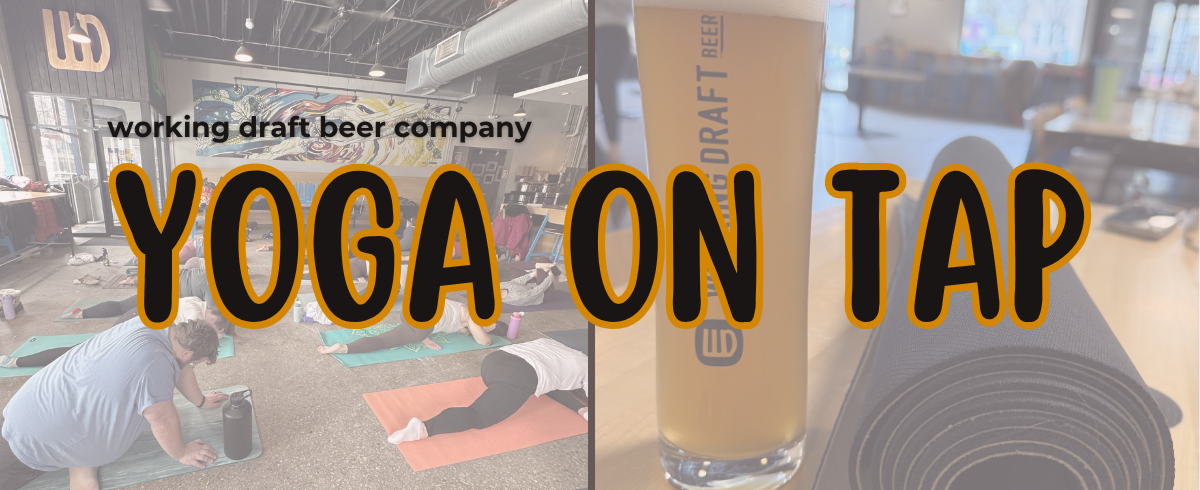 Yoga on Tap event poster with beer, yoga mats, and people practicing in a brewery setting
