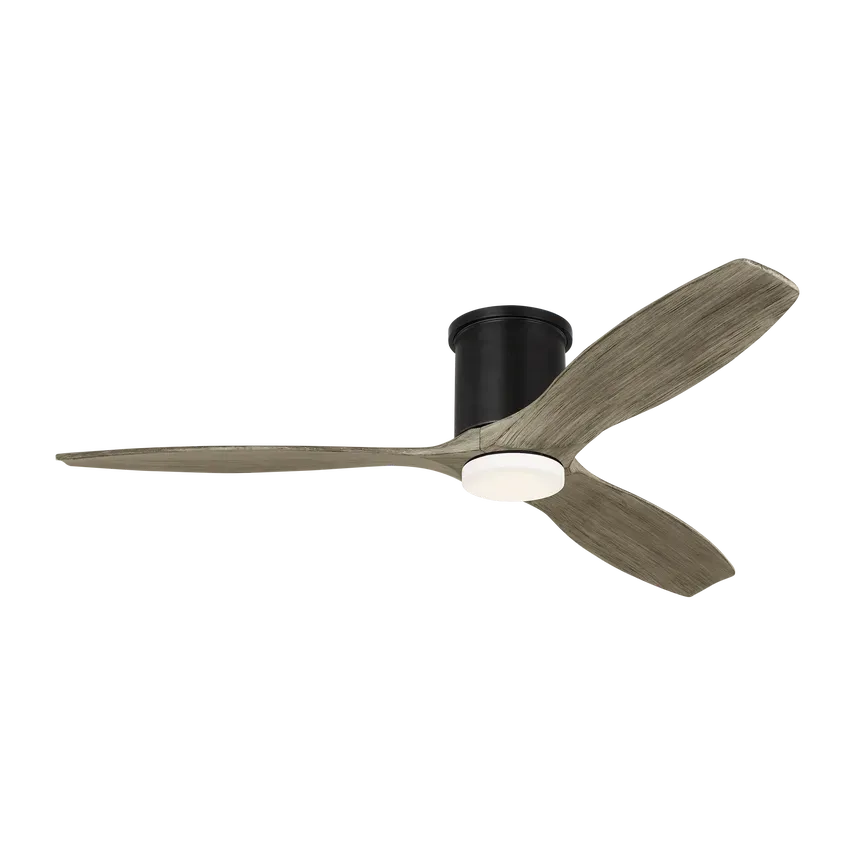 A gray and black modern ceiling fan with three blades and a light fixture.