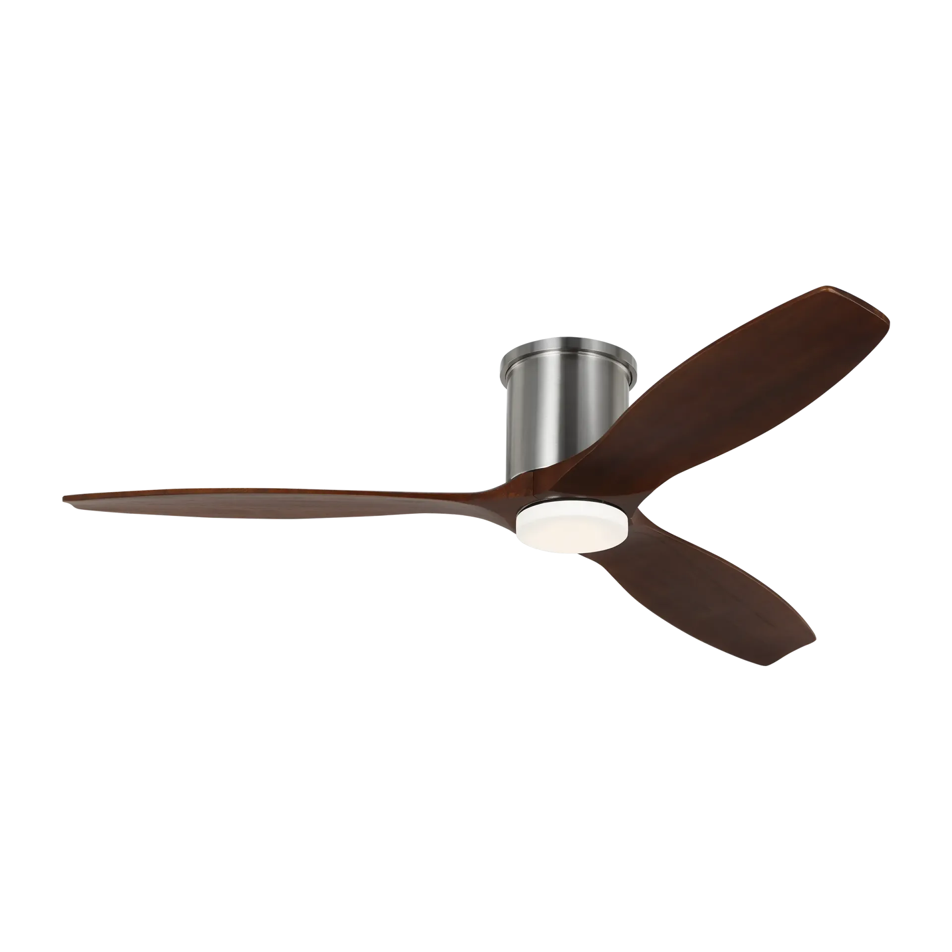 Brown ceiling fan with three blades, silver motor housing, and integrated LED light.