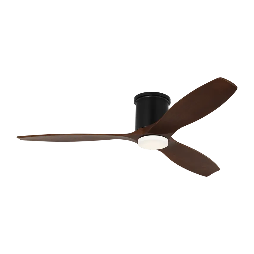 Brown ceiling fan with three blades, black motor, and a white light.