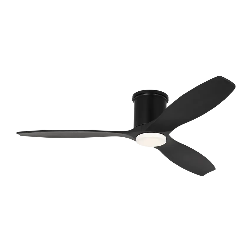 Black three-blade ceiling fan with an integrated white light fixture.