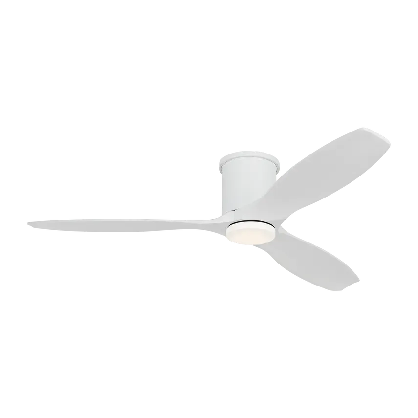 White, modern ceiling fan with three curved blades, centered light, and flush mount.