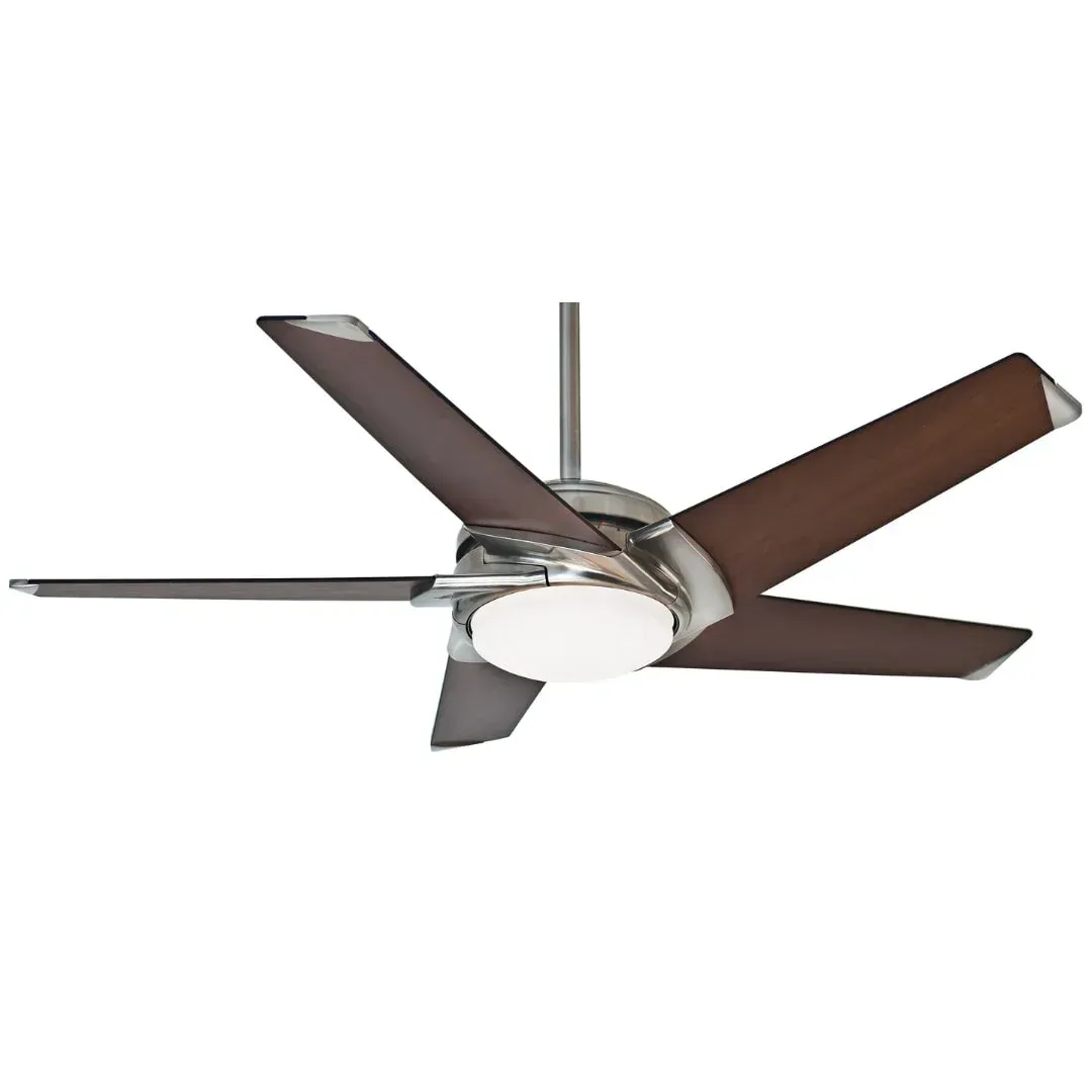 Ceiling fan with five dark brown blades and a white LED light, chrome finish.