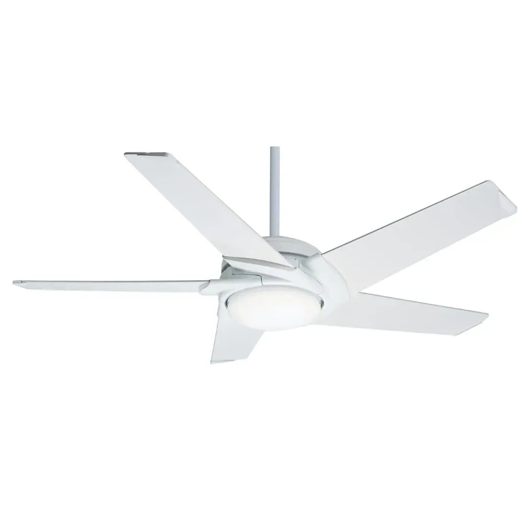 White ceiling fan with five blades and integrated LED light.