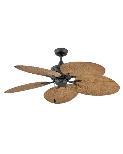Dark bronze ceiling fan with woven tan blades, against a white background.