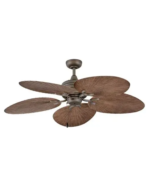 Bronze ceiling fan with five wicker-look blades against a white background.