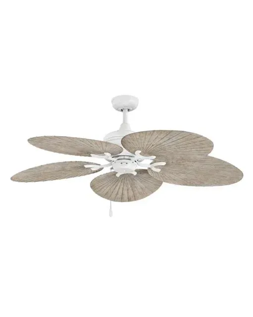 White ceiling fan with five gray-brown wooden-look blades.