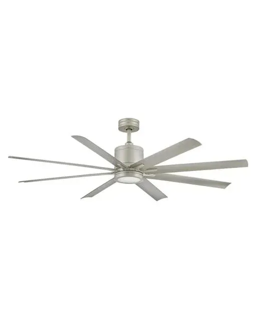 Silver ceiling fan with eight blades and an integrated light.