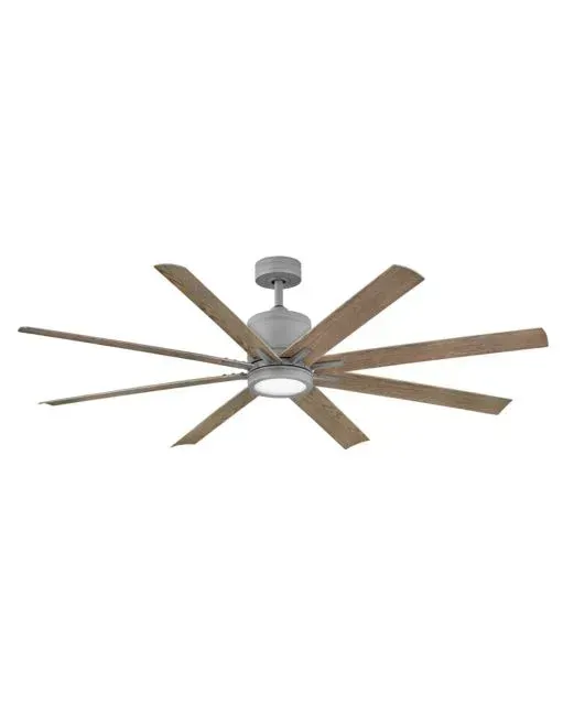 Ceiling fan with eight wooden blades and a central light fixture.
