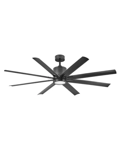 Black ceiling fan with eight blades and a central light.
