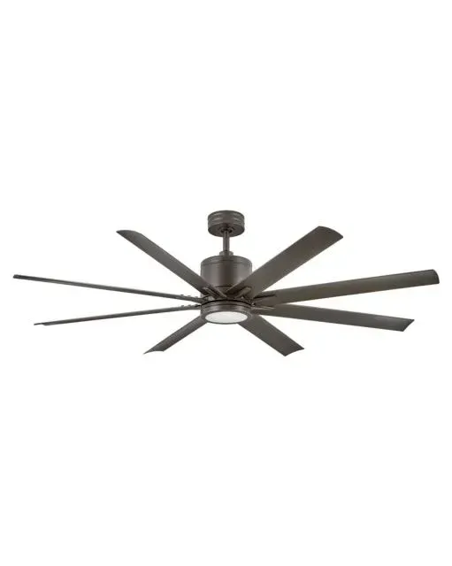 Dark bronze ceiling fan with eight blades and a light fixture.
