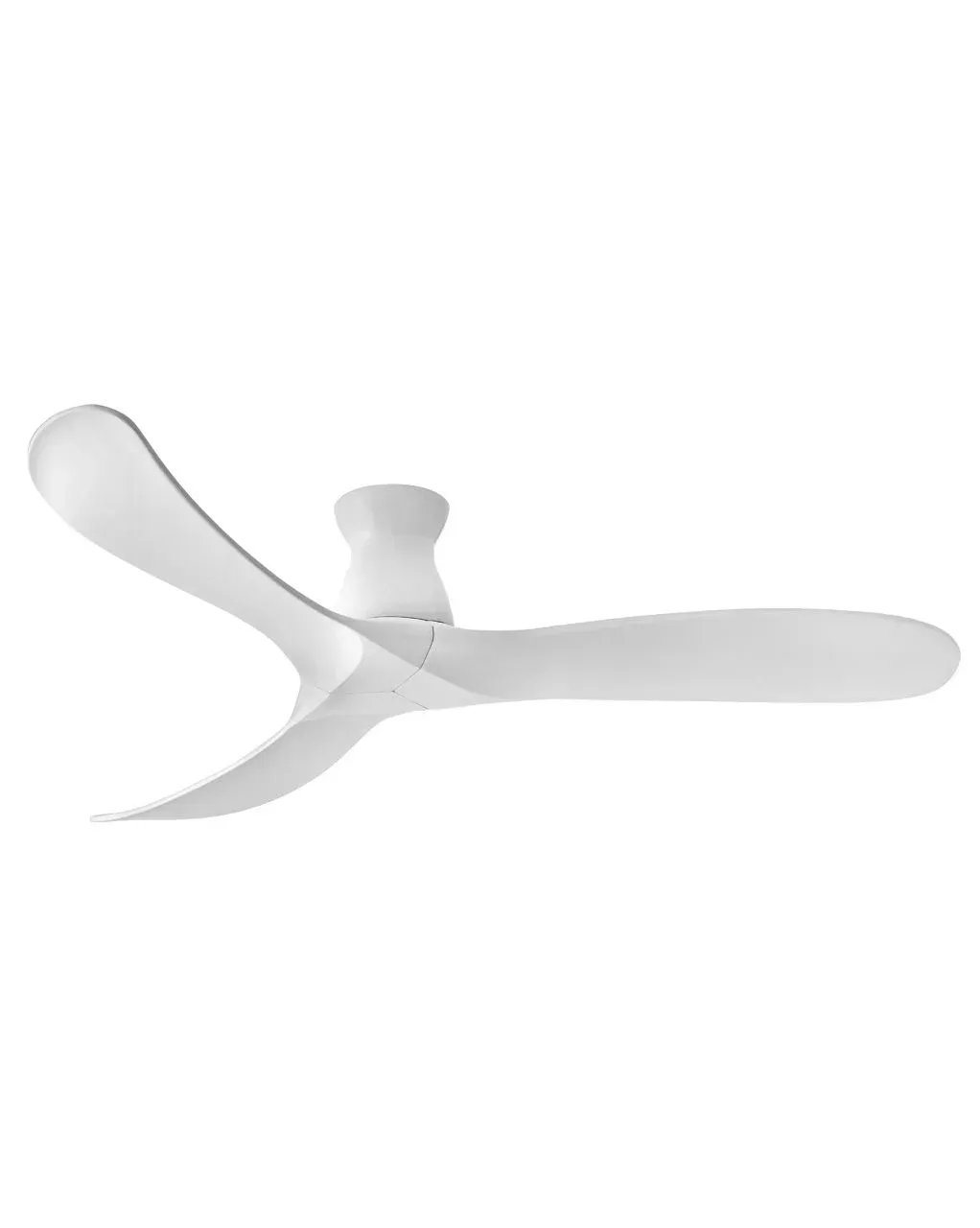White ceiling fan with three curved blades, isolated on a white background.