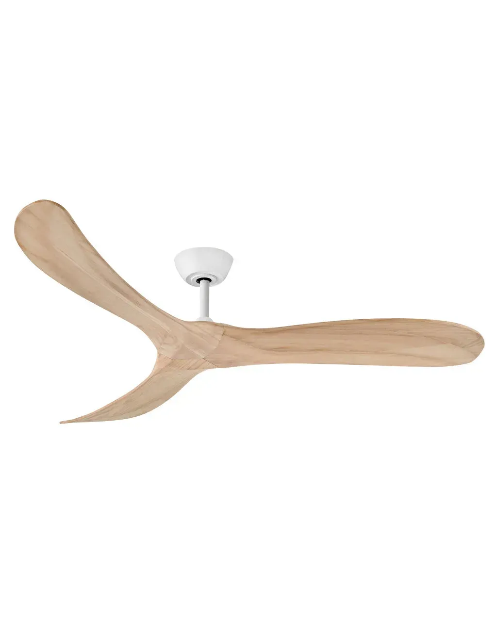 Wooden ceiling fan with white motor housing and blades.