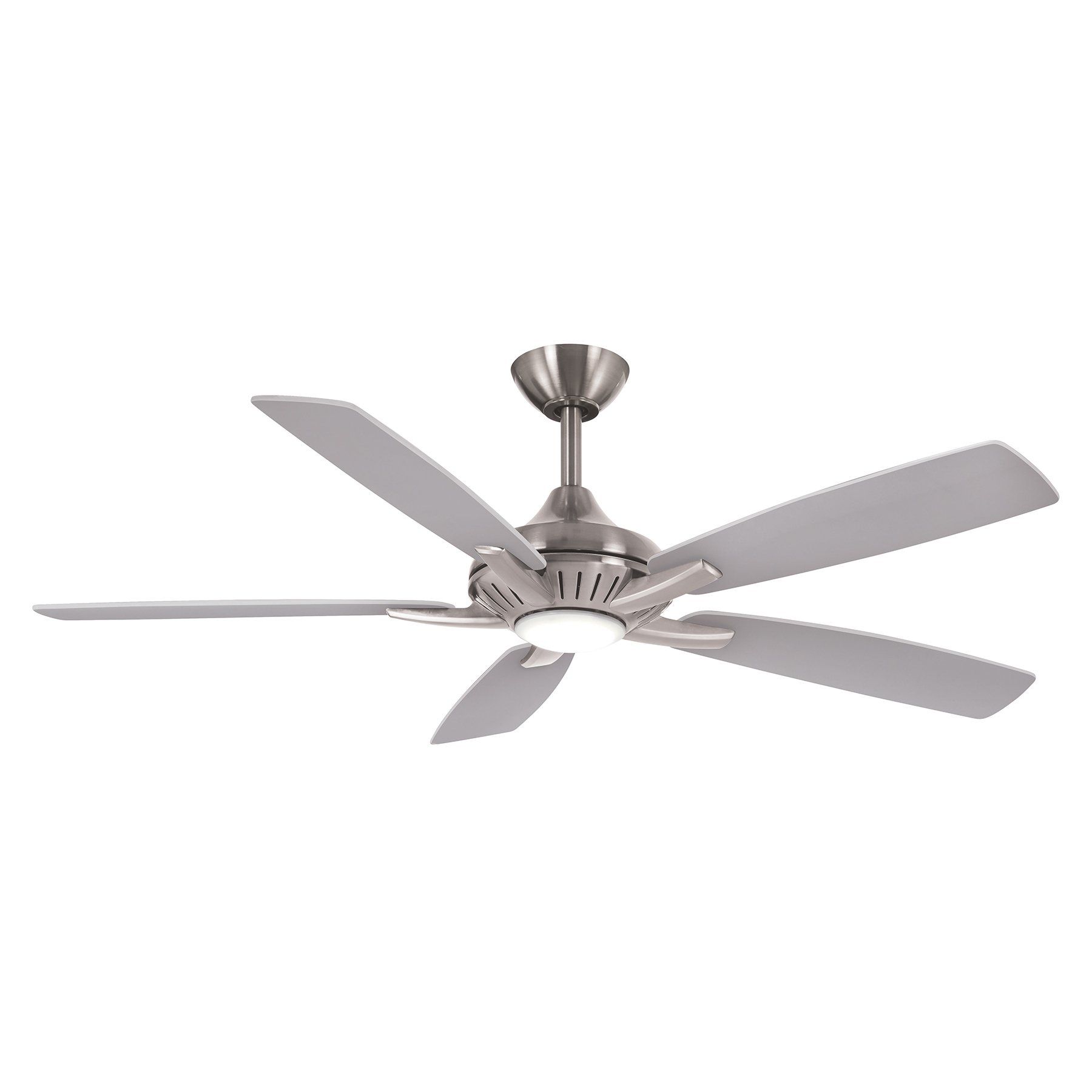 Silver ceiling fan with five blades and integrated light.