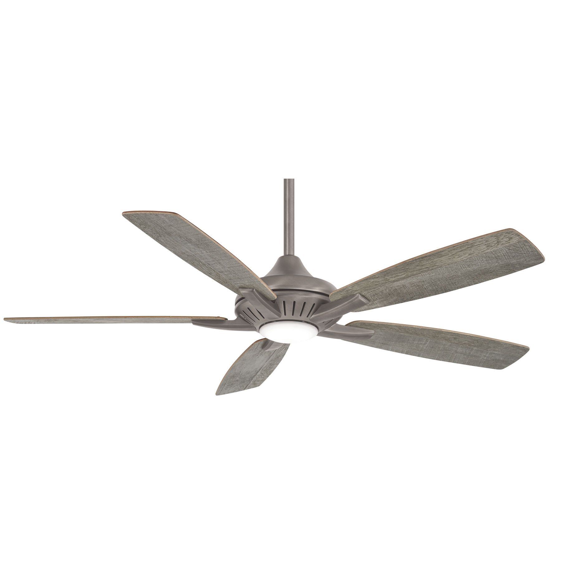 Ceiling fan with five gray blades and a central light fixture.