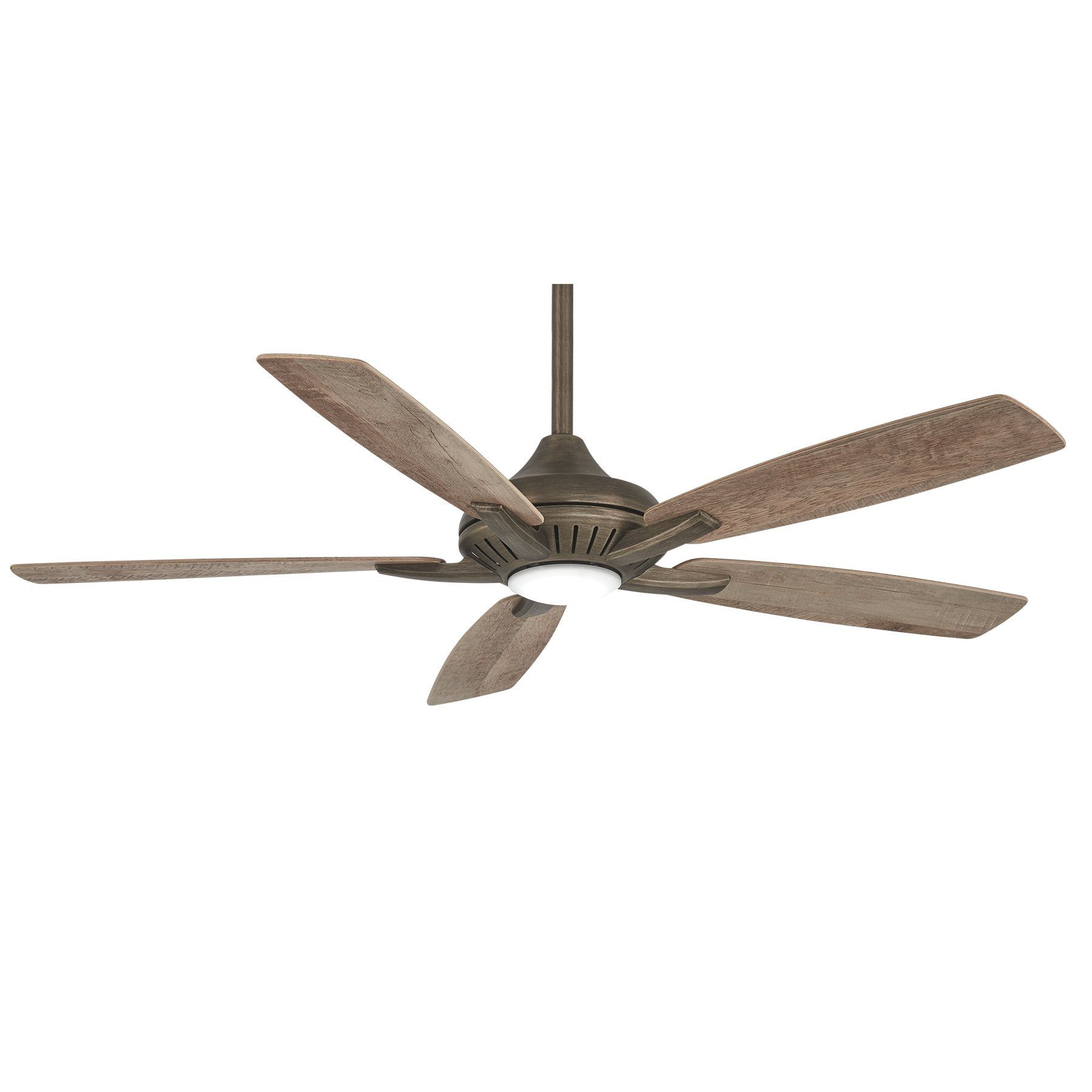 Five-blade ceiling fan with a light, weathered wooden blades, and a dark metal fixture.