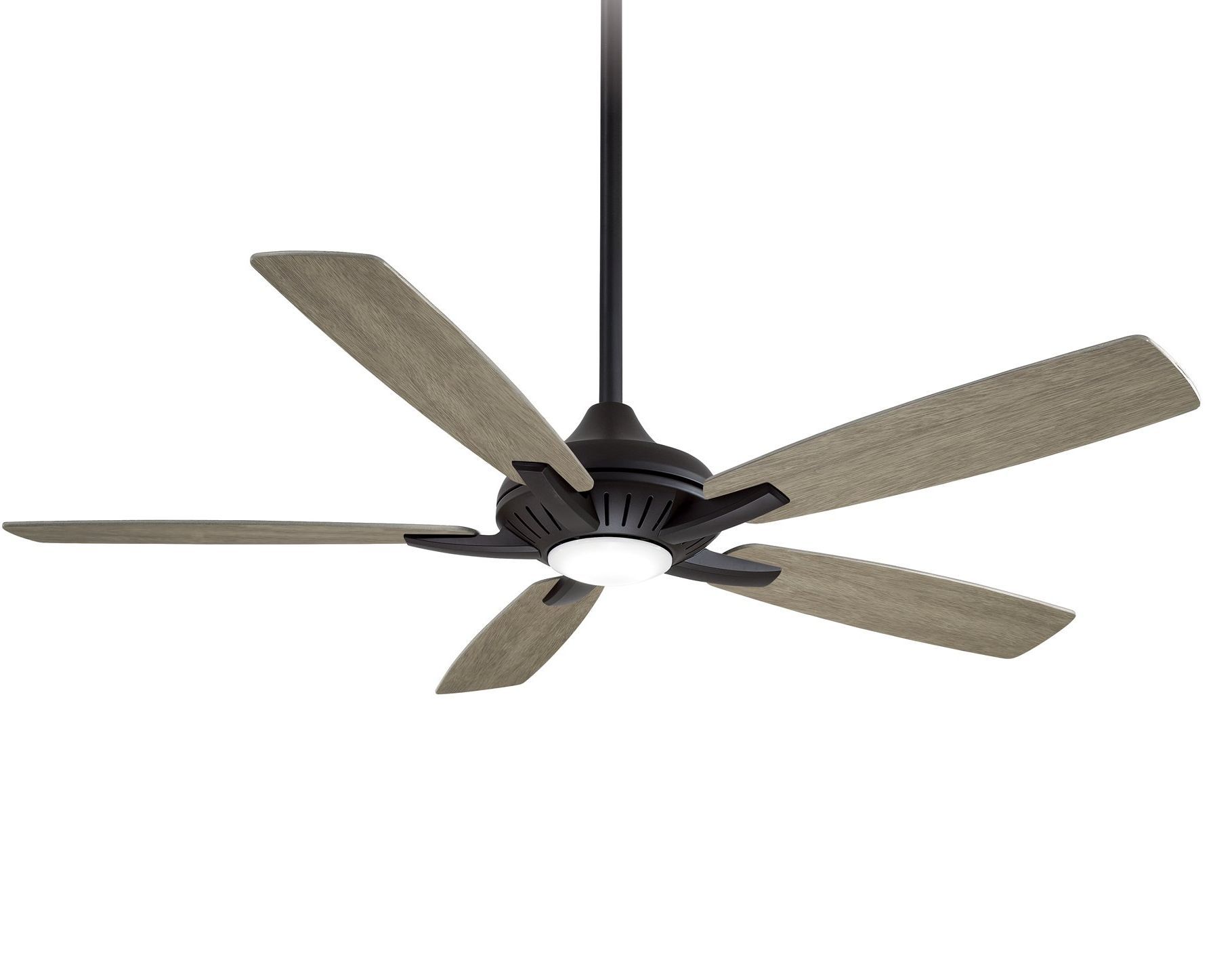 Black ceiling fan with five wood-tone blades and a central light fixture.