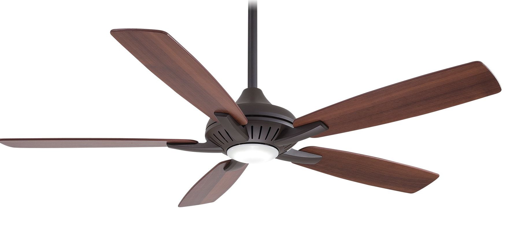 A ceiling fan with brown blades and a dark bronze motor and downrod.